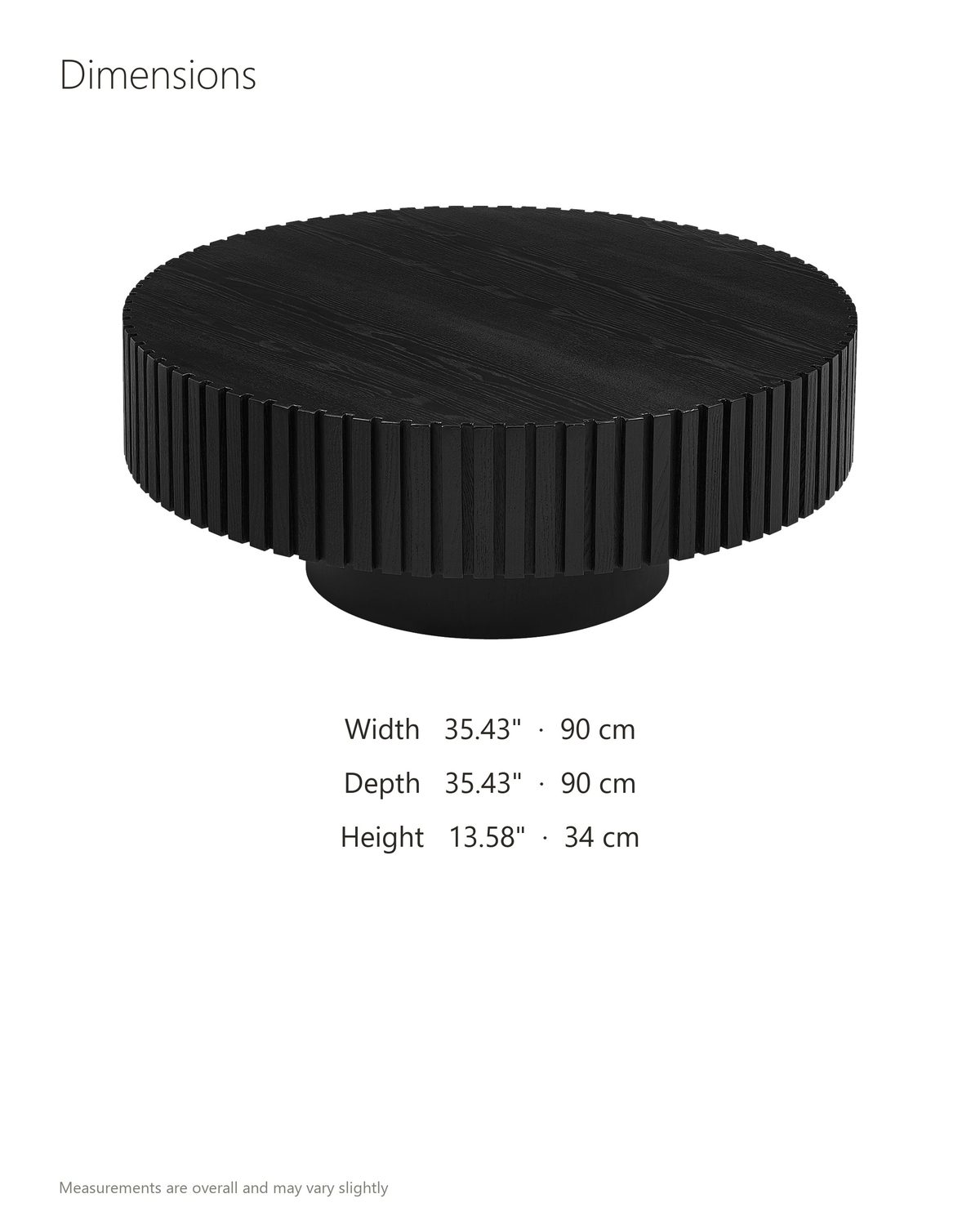 Terni Black Wood Veneer Fluted Pedestal Coffee Table dimensions: 35.43 in wide, 35.43 in deep, 13.58 in high
