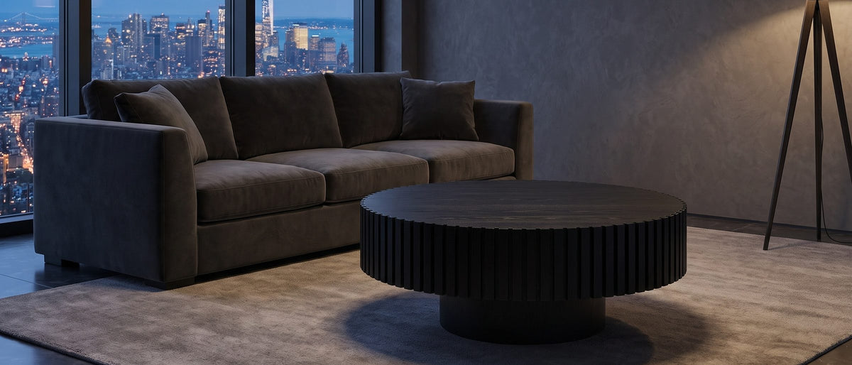 Terni Black Wood Veneer Fluted Pedestal Coffee Table in the room