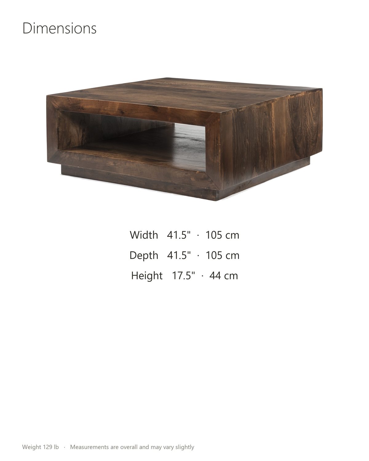 Terracina Solid Mango Block Coffee Table dimensions: 41.5 in wide, 41.5 in deep, 17.5 in high