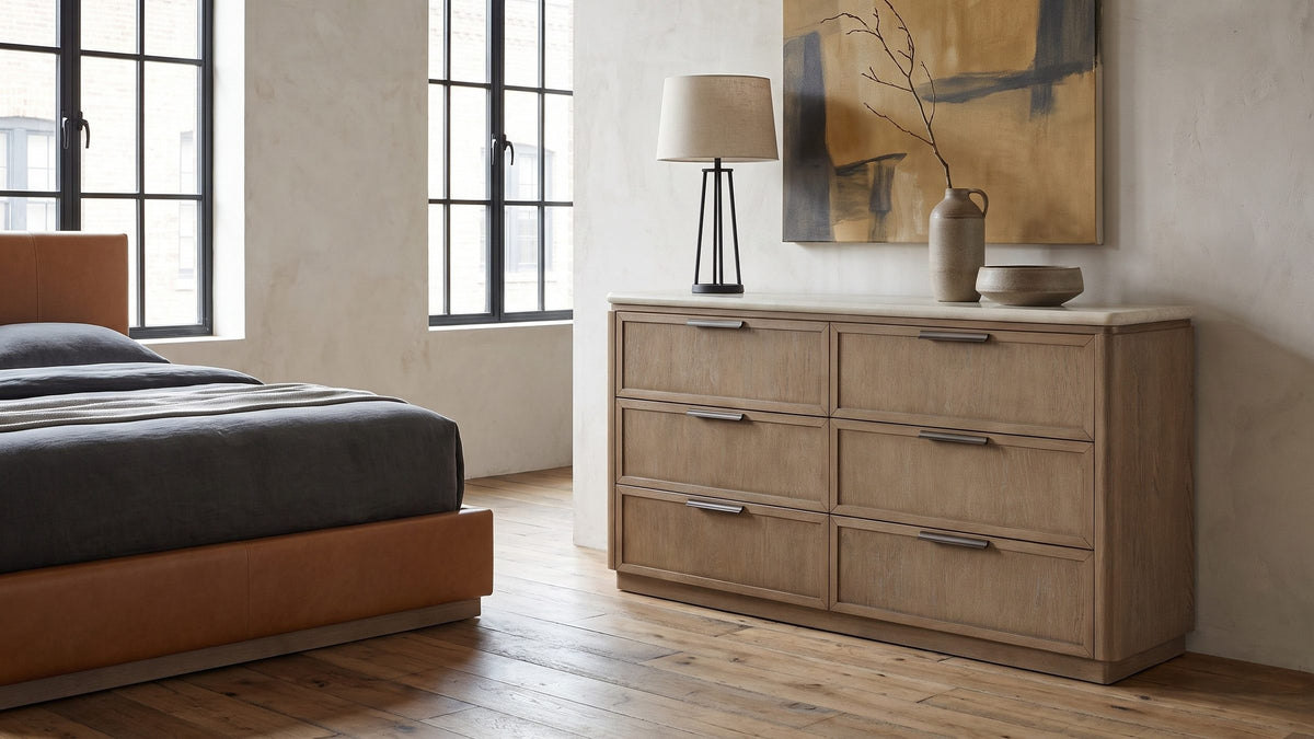 Oak and stone, in balance. - Thiene 66.5-Inch Toffee Oak Stone-Top 6-Drawer Dresser