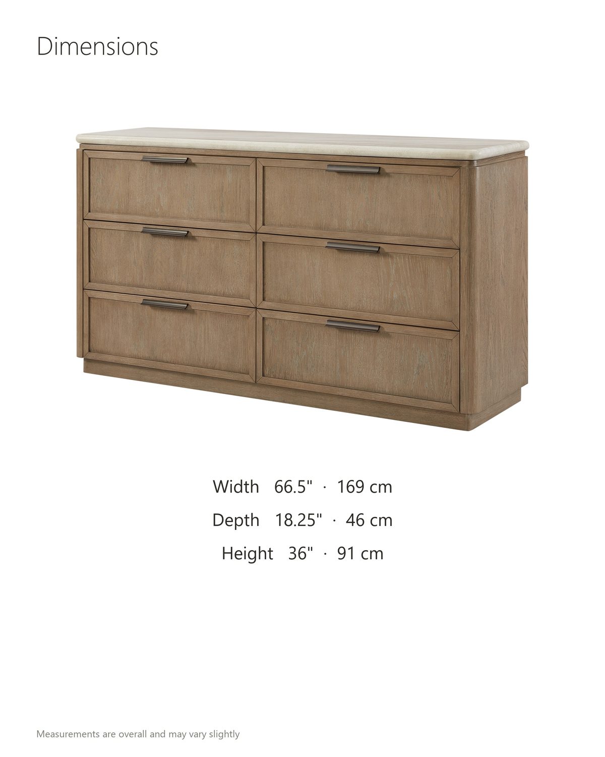 Thiene 66.5-Inch Toffee Oak Stone-Top 6-Drawer Dresser dimensions: 66.5 in wide, 18.25 in deep, 36 in high