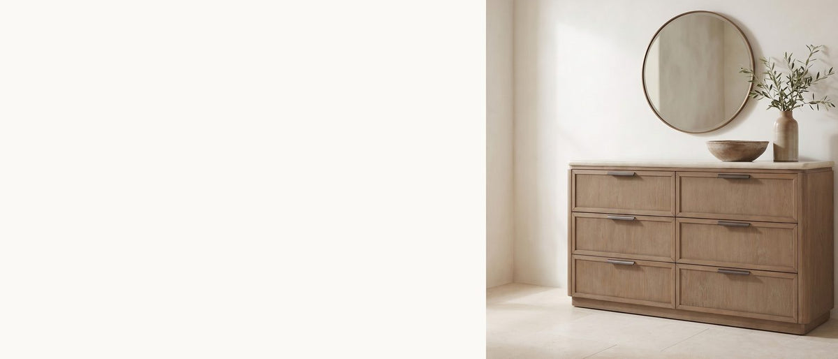 Toffee oak, cream stone. - Thiene 66.5-Inch Toffee Oak Stone-Top 6-Drawer Dresser