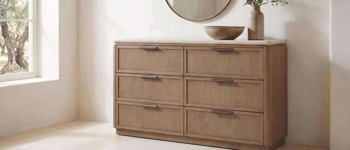 Thiene 66.5-Inch Toffee Oak Stone-Top 6-Drawer Dresser in the room