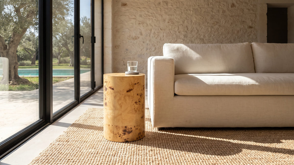 Pale gold, softly patterned. - Tiriolo Natural Burl Pillar Side Table