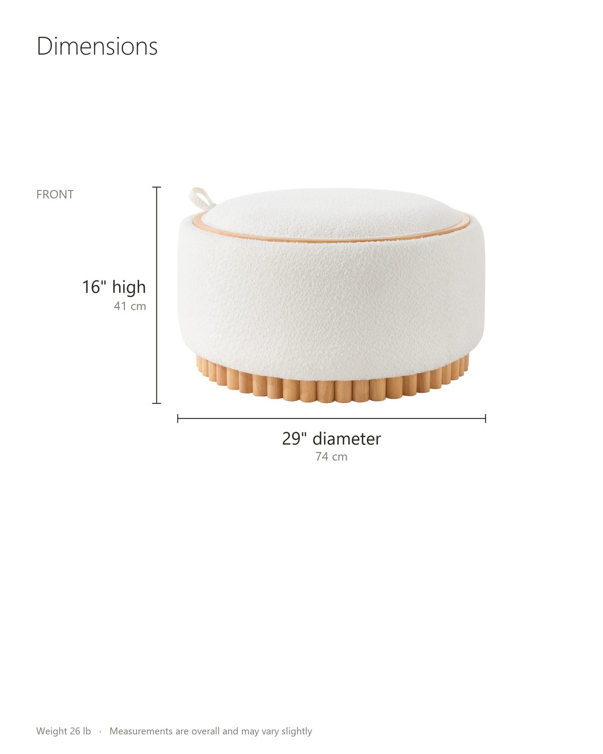 Tivoli Fluted Storage Ottoman dimensions: 29 in wide, 29 in deep, 16 in high