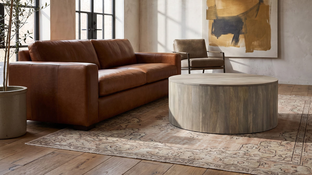 A calm centre for the room. - Tolentino Whitewashed Mango Drum Coffee Table