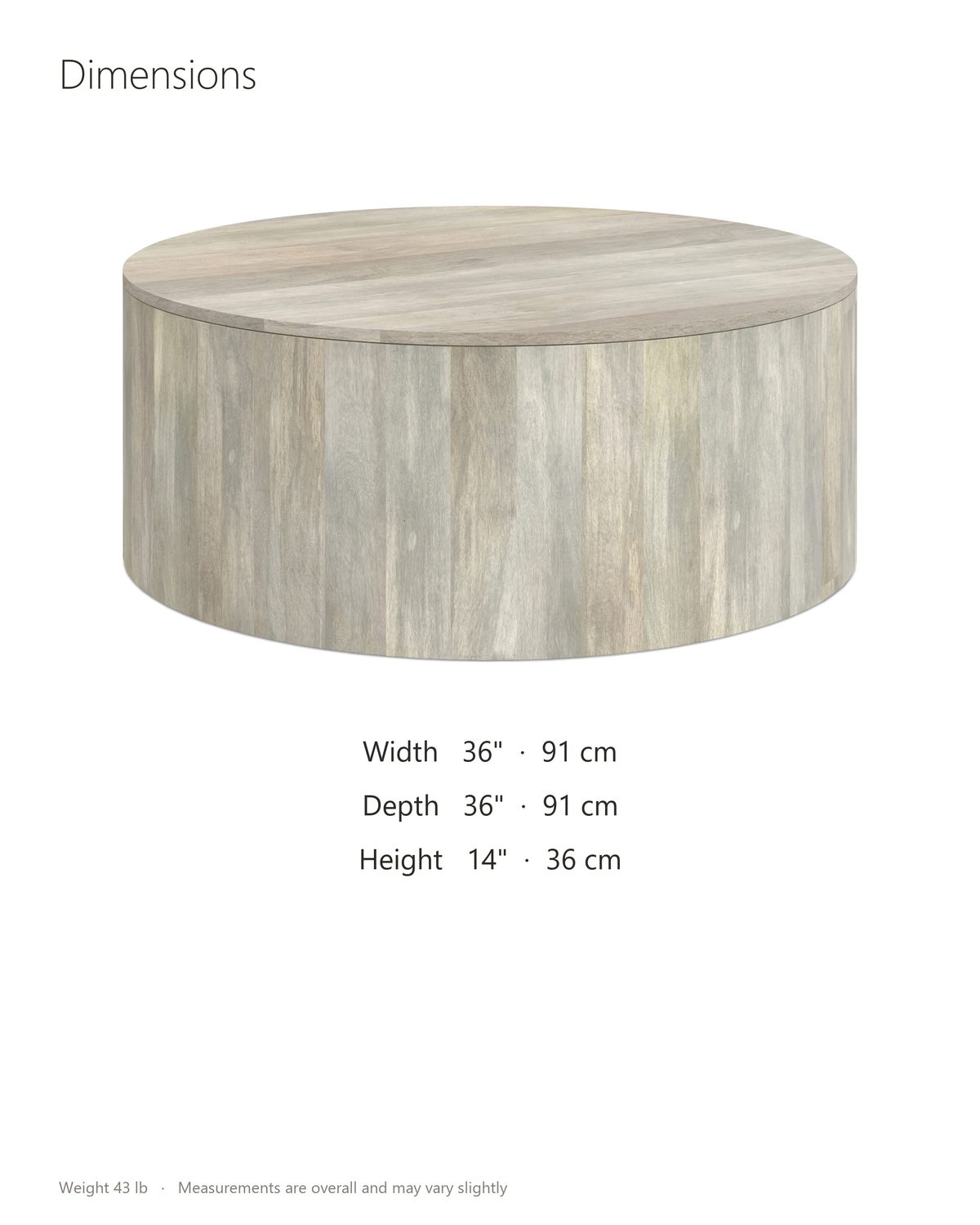 Tolentino Whitewashed Mango Drum Coffee Table dimensions: 36 in wide, 36 in deep, 14 in high