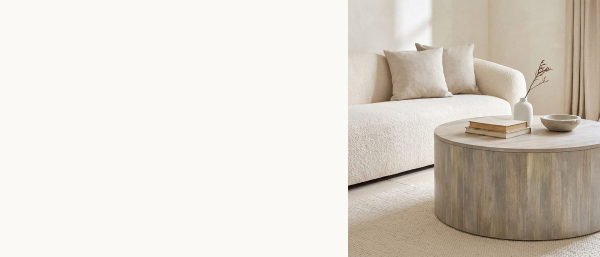 A drum, whitewashed. - Tolentino Whitewashed Mango Drum Coffee Table