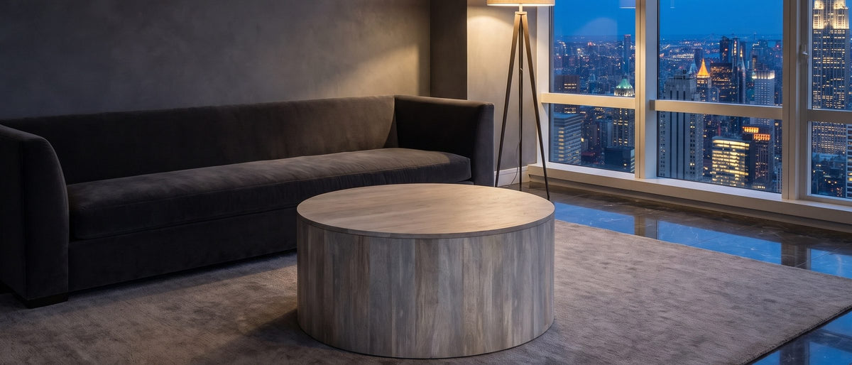 Tolentino Whitewashed Mango Drum Coffee Table in the room