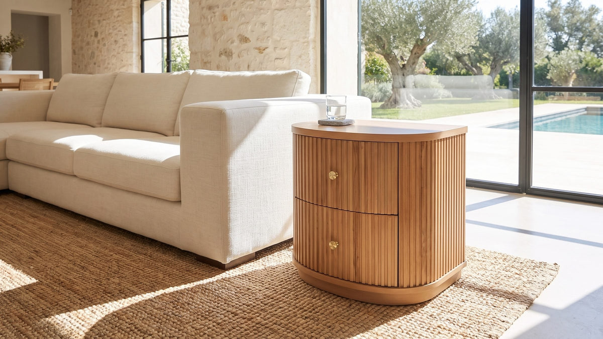 Warm wood, quiet lines. - Tolfa Fluted Beech Half-Moon Side Table