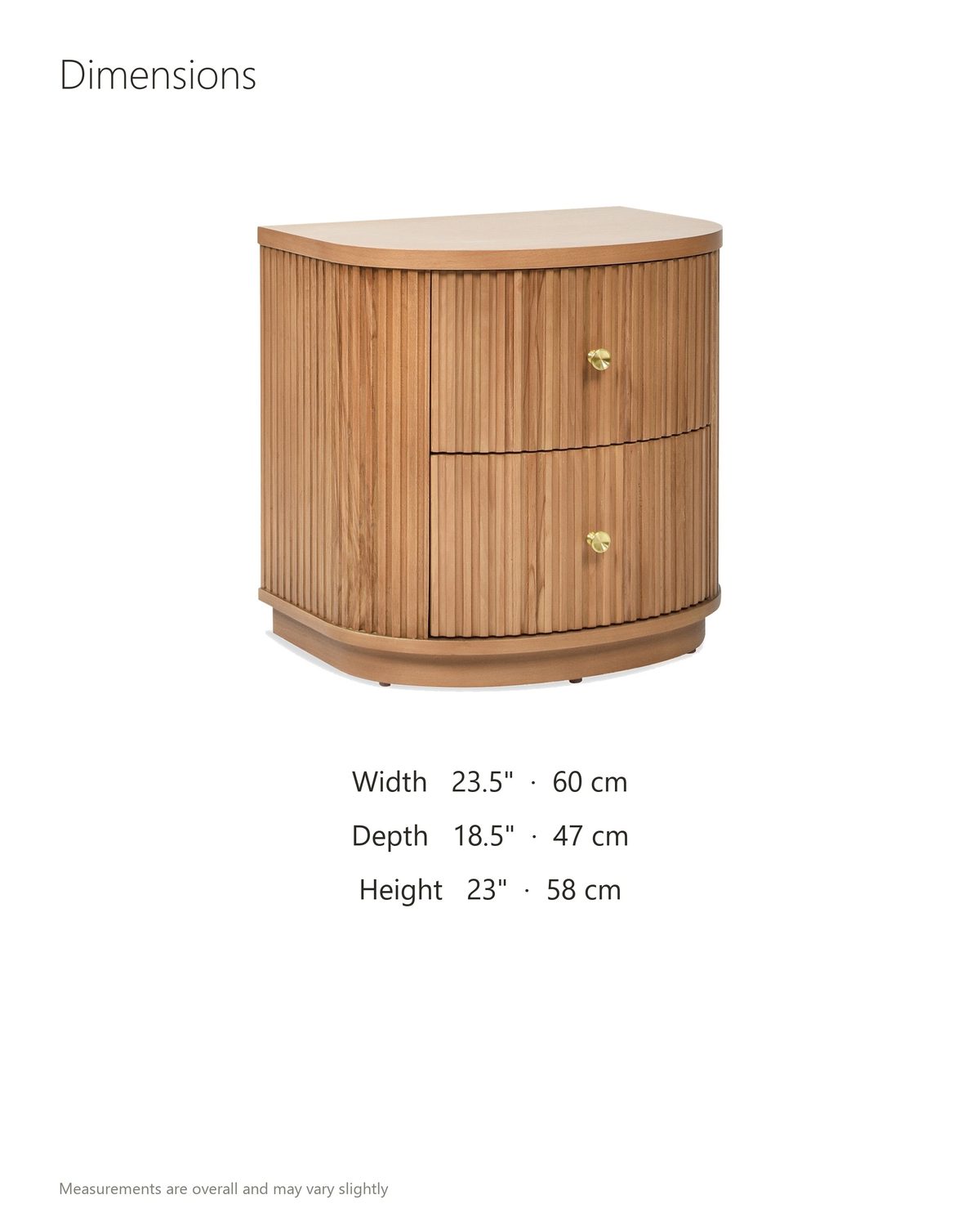 Tolfa Fluted Beech Half-Moon Side Table dimensions: 23.5 in wide, 18.5 in deep, 23 in high