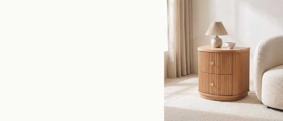 Two drawers, one curve. - Tolfa Fluted Beech Half-Moon Side Table