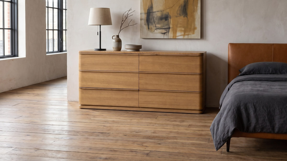 Soft corners, sunlit grain. - Tolmezzo 72-Inch Natural Oak 6-Drawer Dresser