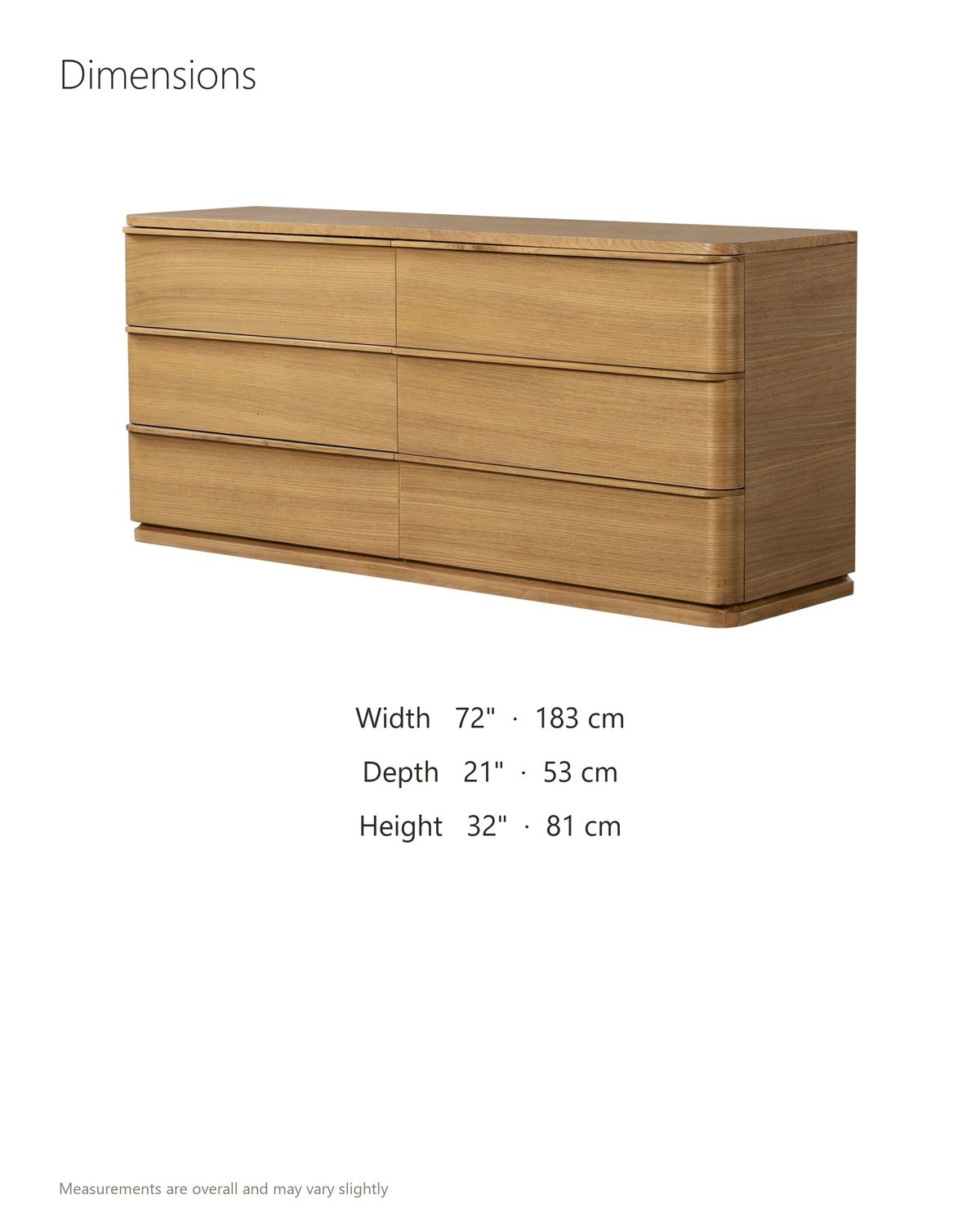 Tolmezzo 72-Inch Natural Oak 6-Drawer Dresser dimensions: 72 in wide, 21 in deep, 32 in high