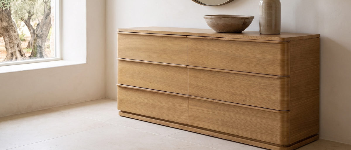 Tolmezzo 72-Inch Natural Oak 6-Drawer Dresser in the room