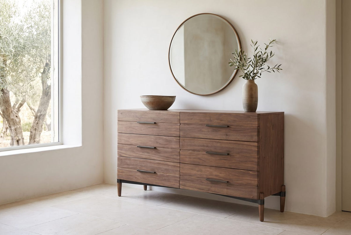 Warm walnut, dark bronze. - Torcello 68-Inch Walnut 6-Drawer Dresser