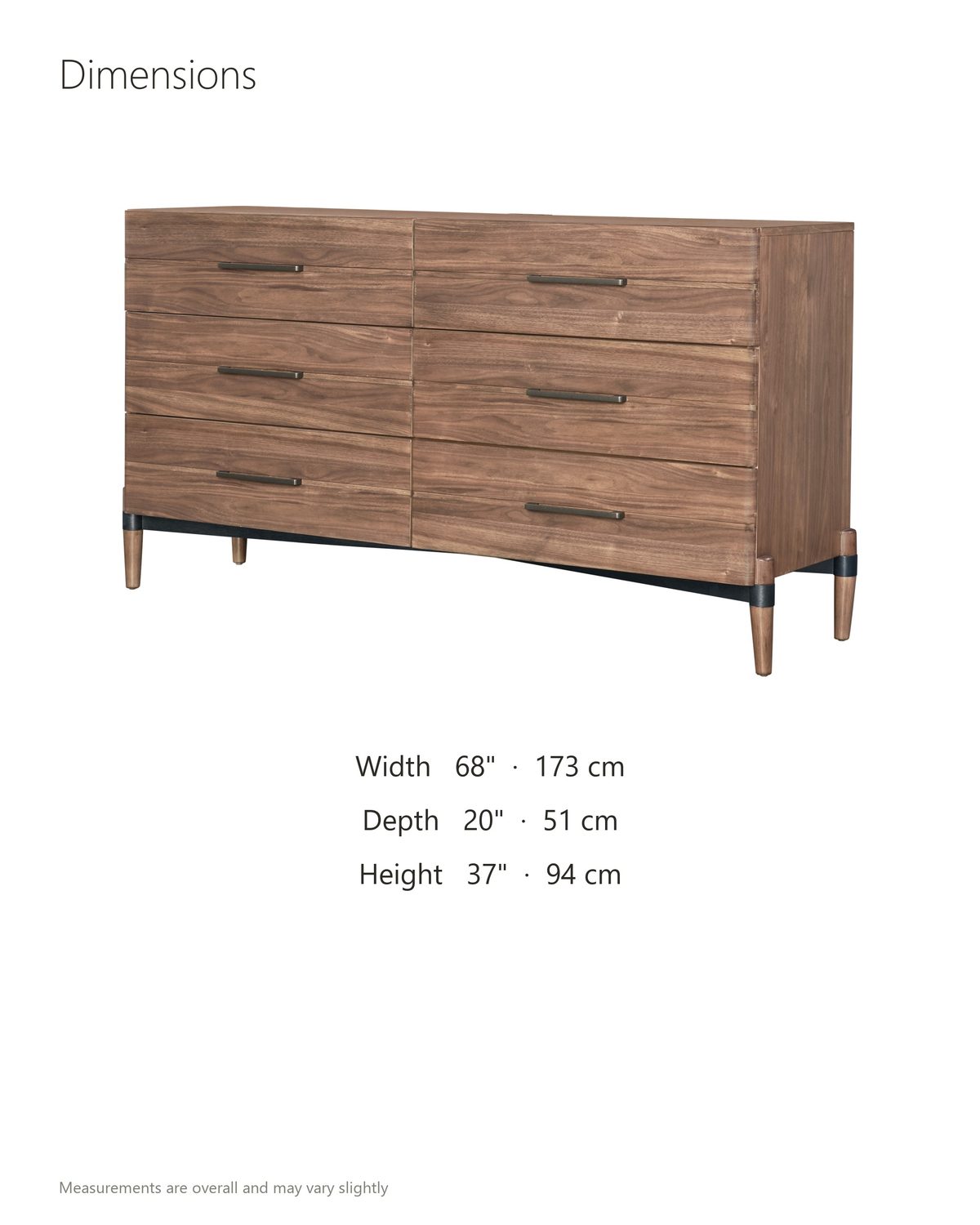 Torcello 68-Inch Walnut 6-Drawer Dresser dimensions: 68 in wide, 20 in deep, 37 in high