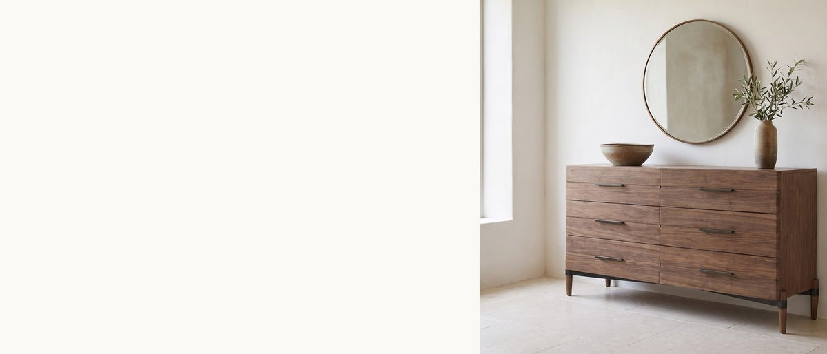 Walnut, low, bronze-banded. - Torcello 68-Inch Walnut 6-Drawer Dresser