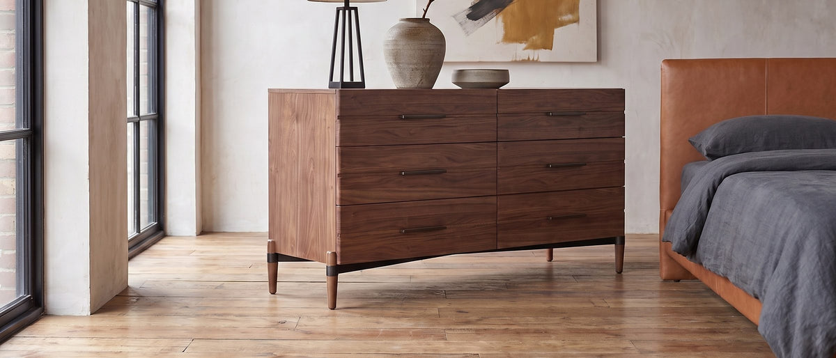 Torcello 68-Inch Walnut 6-Drawer Dresser in the room