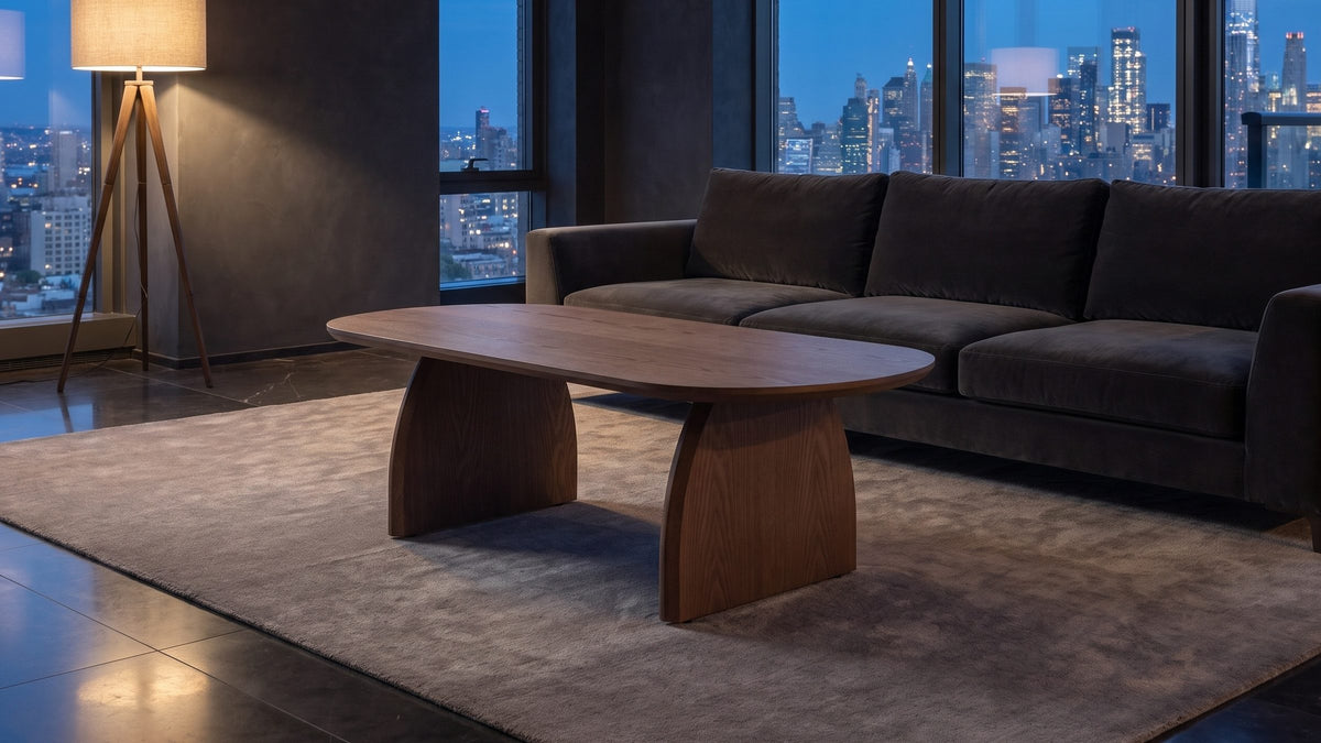 Walnut brown, after dark. - Tortona 47-Inch Oval Walnut-Finish Wood Veneer Coffee Table
