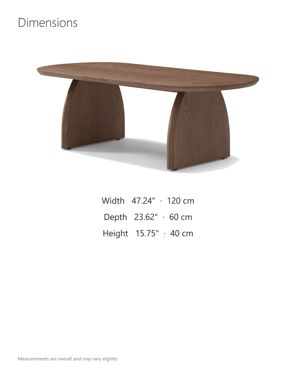 Tortona 47-Inch Oval Walnut-Finish Wood Veneer Coffee Table dimensions: 47.24 in wide, 23.62 in deep, 15.75 in high