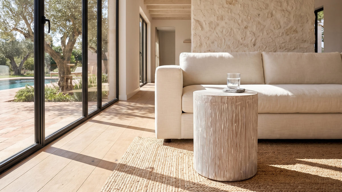 Texture in a pale tone. - Tortora Carved Whitewash Drum Side Table