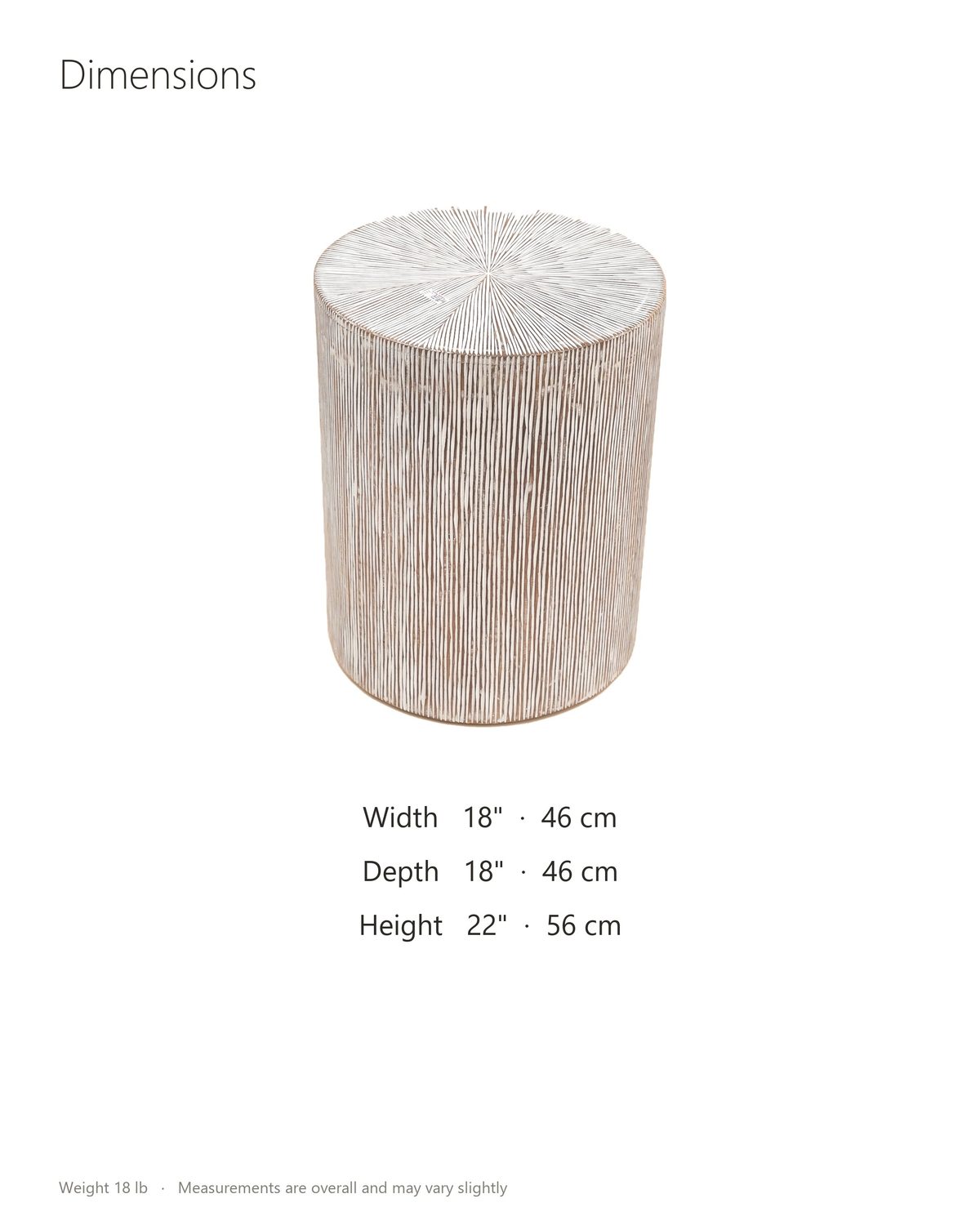 Tortora Carved Whitewash Drum Side Table dimensions: 18 in wide, 18 in deep, 22 in high