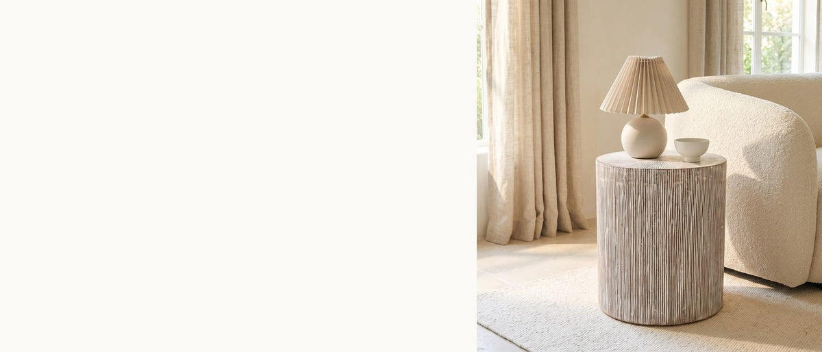 Carved lines, washed white. - Tortora Carved Whitewash Drum Side Table