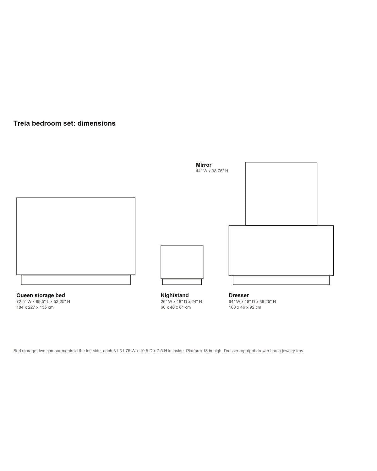 Treia Smokey Walnut Storage Bedroom Set dimensions
