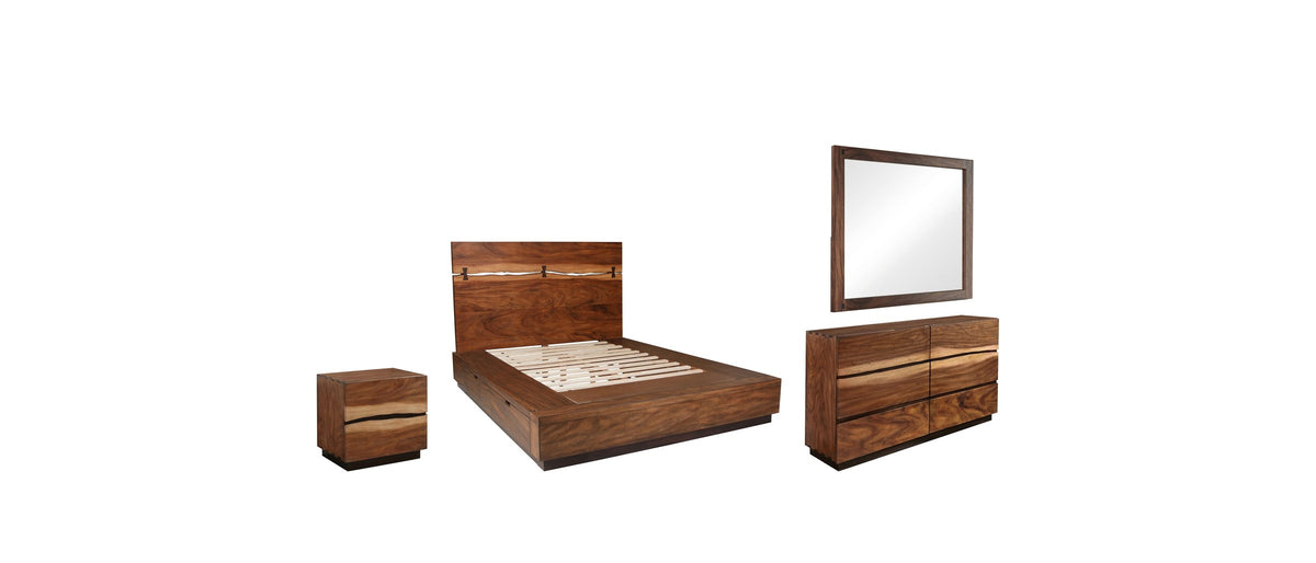 Treia Smokey Walnut Storage Bedroom Set: Four pieces, one finish.