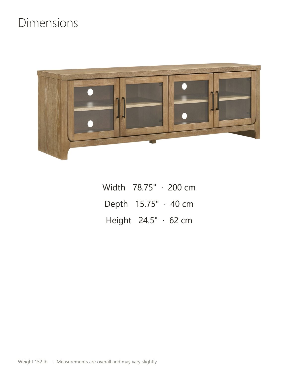 Tremezzo Washed Oak Media Console dimensions: 78.75 in wide, 15.75 in deep, 24.5 in high