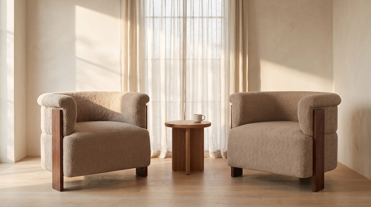 One for each end of the sofa. - Trevi Wood Plank Barrel Chair