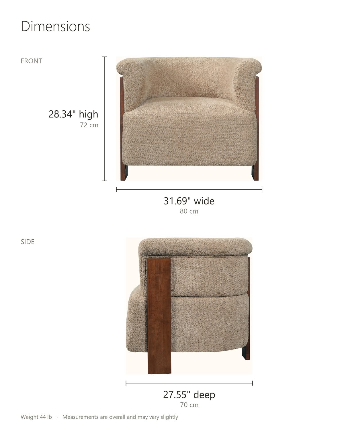 Trevi Wood Plank Barrel Chair dimensions: 31.69 in wide, 27.55 in deep, 28.34 in high