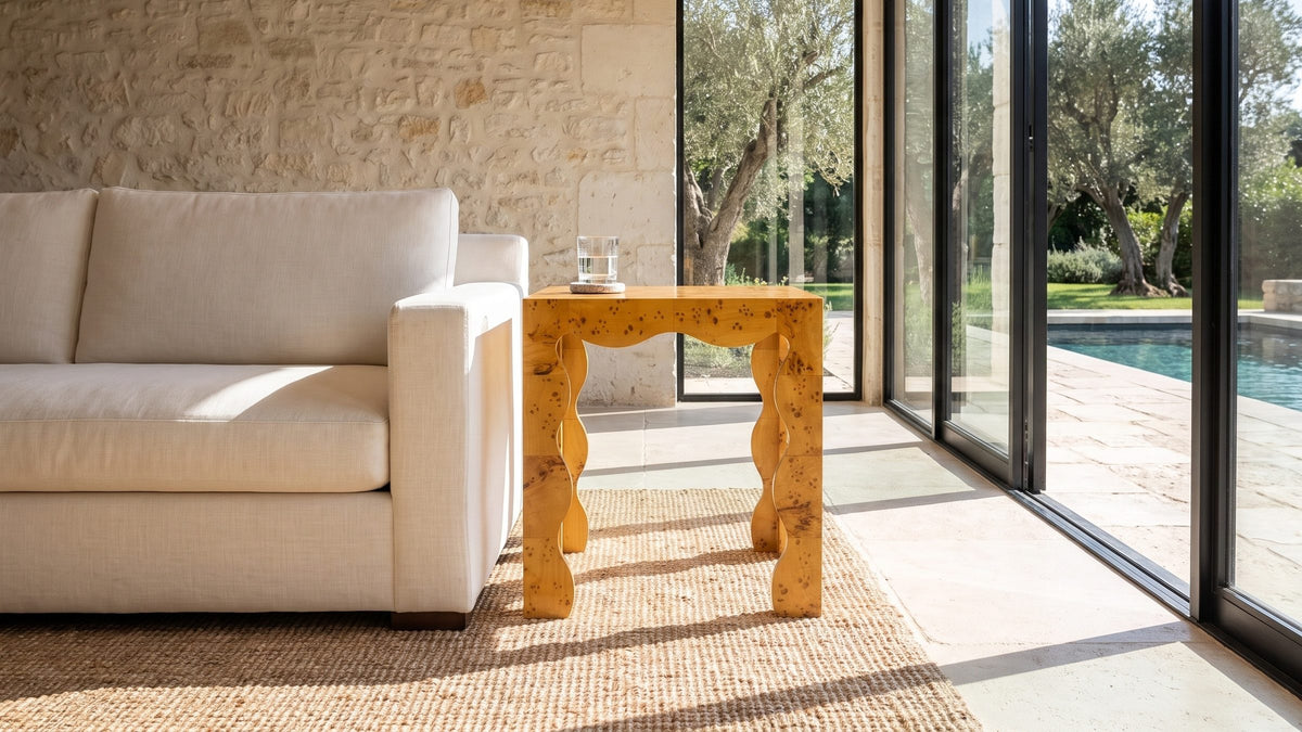 Warm gold in a quiet room. - Tricarico Burl Veneer Scalloped Side Table