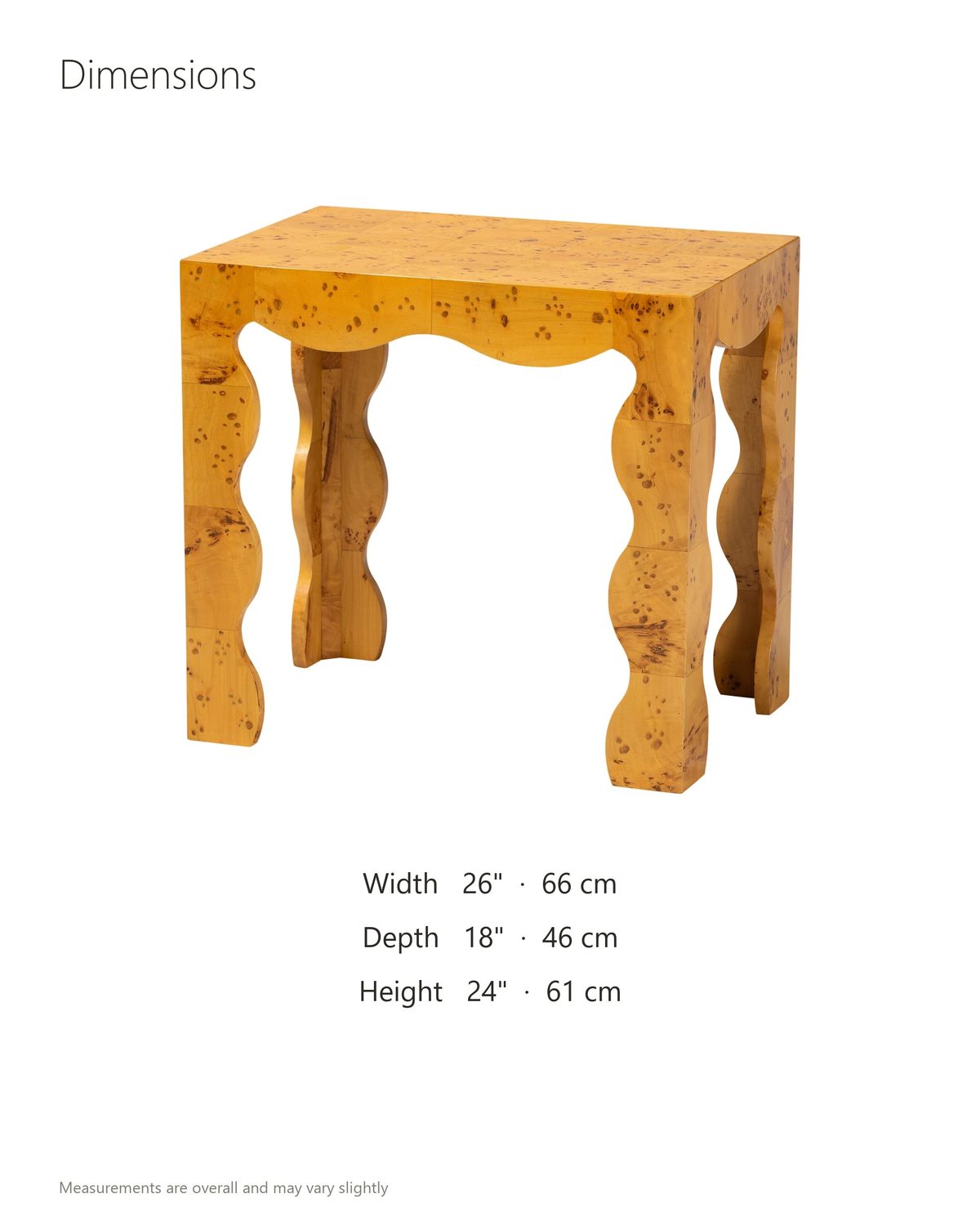 Tricarico Burl Veneer Scalloped Side Table dimensions: 26 in wide, 18 in deep, 24 in high