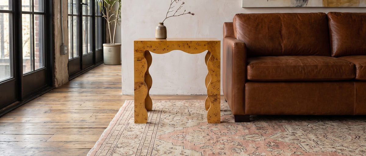 Tricarico Burl Veneer Scalloped Side Table in the room