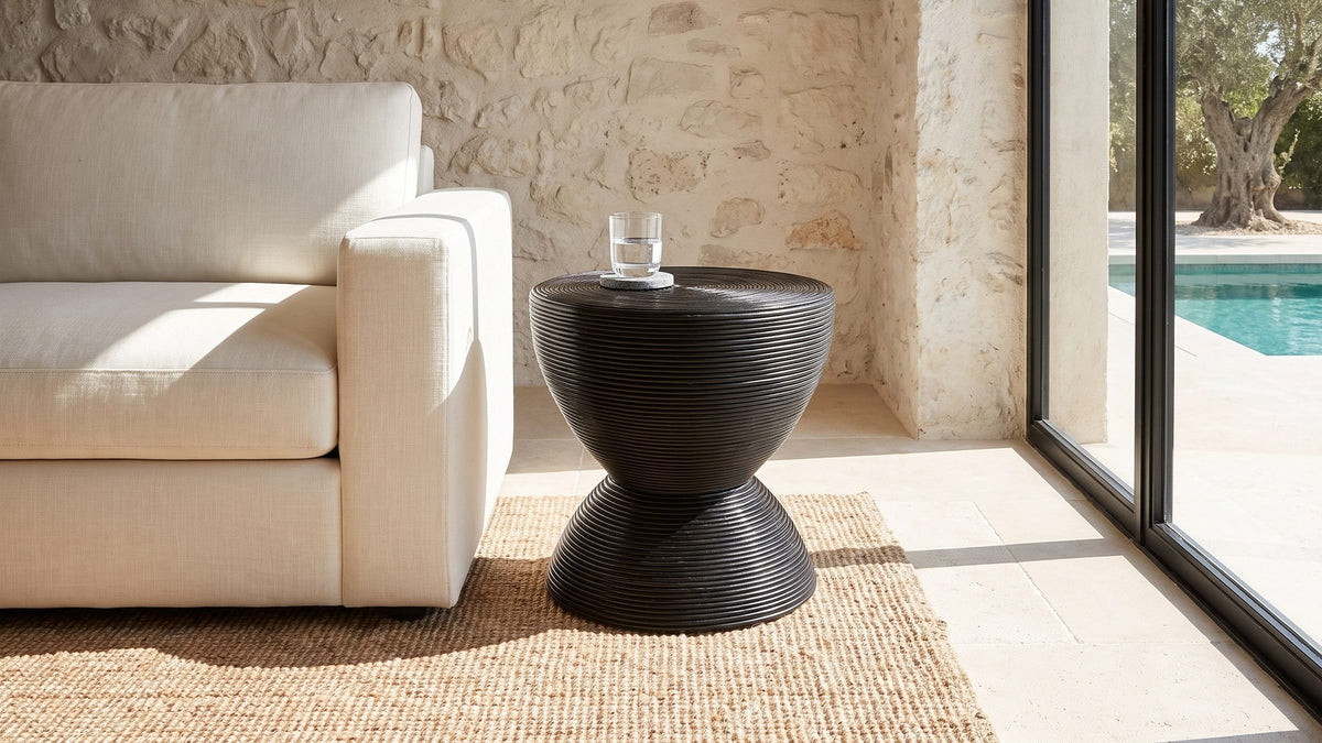 Texture, in black. - Tricase Black Rattan Hourglass Side Table