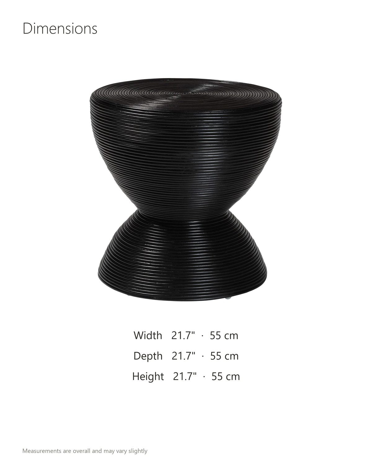 Tricase Black Rattan Hourglass Side Table dimensions: 21.7 in wide, 21.7 in deep, 21.7 in high