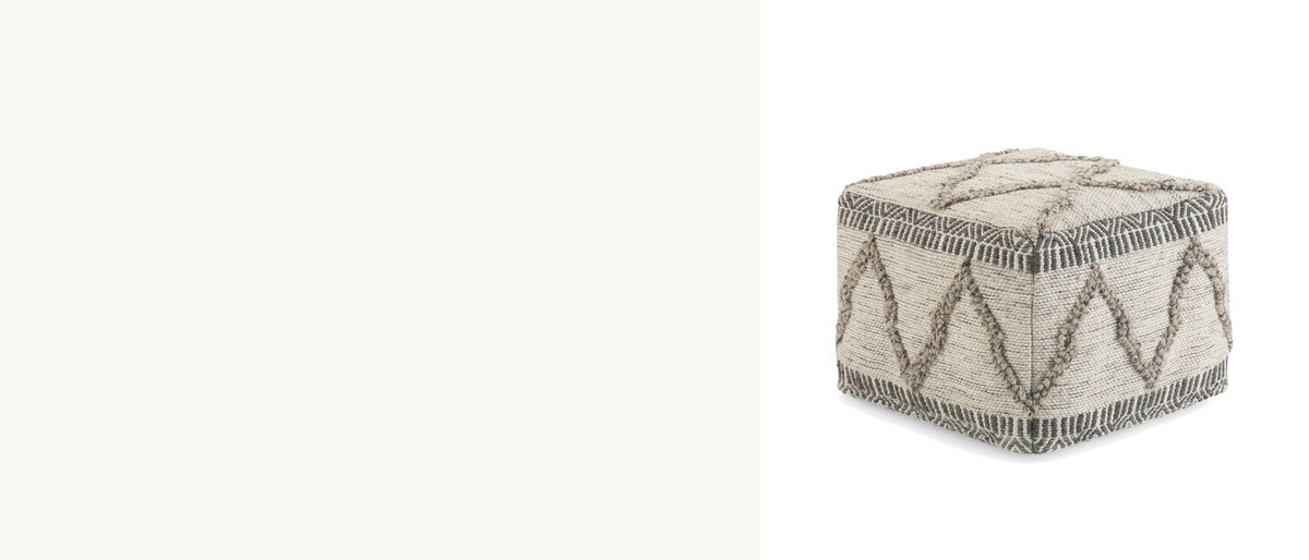 Grey bands, natural weave. - Triora Handloom Wool and Cotton Square Pouf
