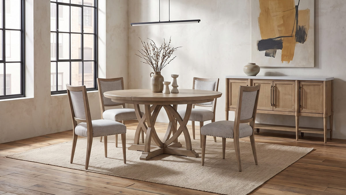 Sand wash, soft grey, white cement. - Tropea 54-Inch Round Extending Mindi Veneer Dining Set with 4 Chairs and Server
