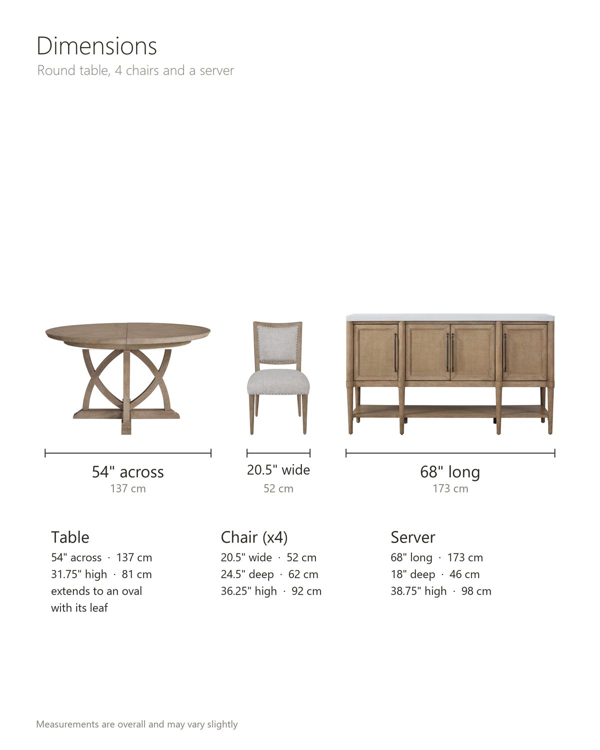 Tropea dining set dimensions: round table 54 in across and 31.75 in high, extending to an oval with its leaf; each chair 20.5 in wide, 24.5 in deep and 36.25 in high; server 68 in long, 18 in deep and 38.75 in high