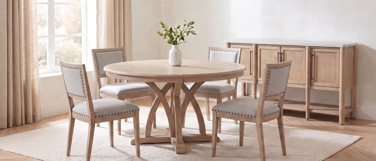 Tropea 54-Inch Round Extending Mindi Veneer Dining Set with 4 Chairs and Server in the room