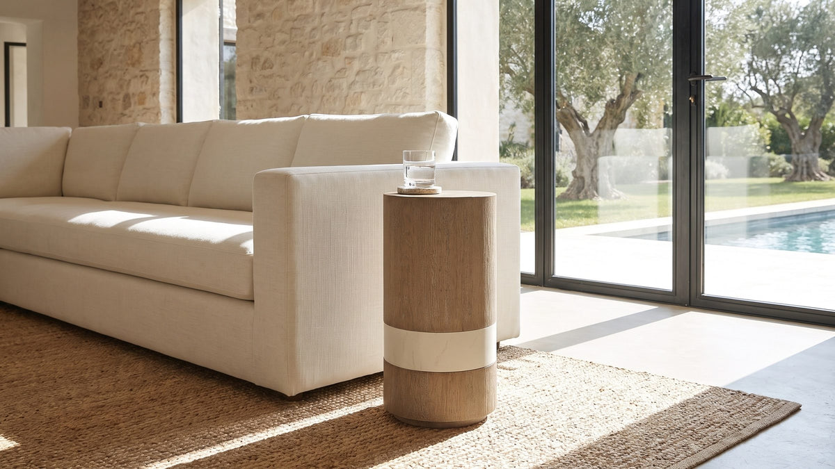 Pale wood, a quiet band. - Tuglie Cerused Toffee Drum Side Table