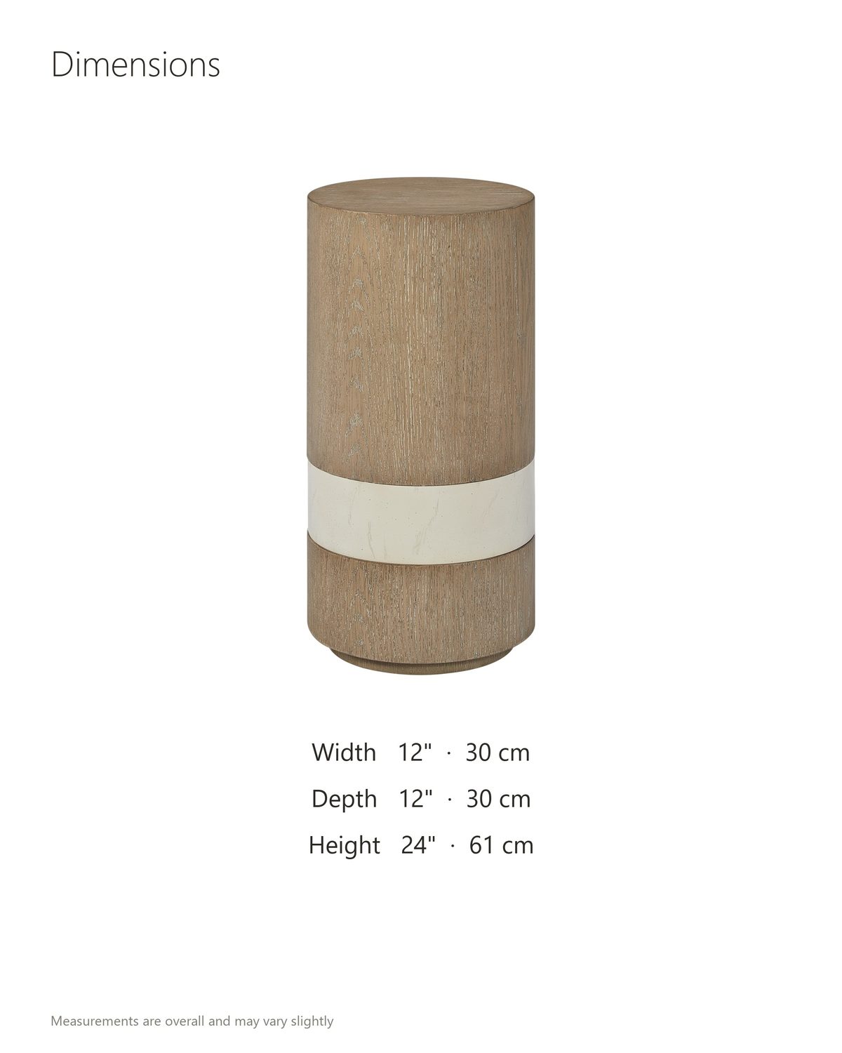 Tuglie Cerused Toffee Drum Side Table dimensions: 12 in wide, 12 in deep, 24 in high