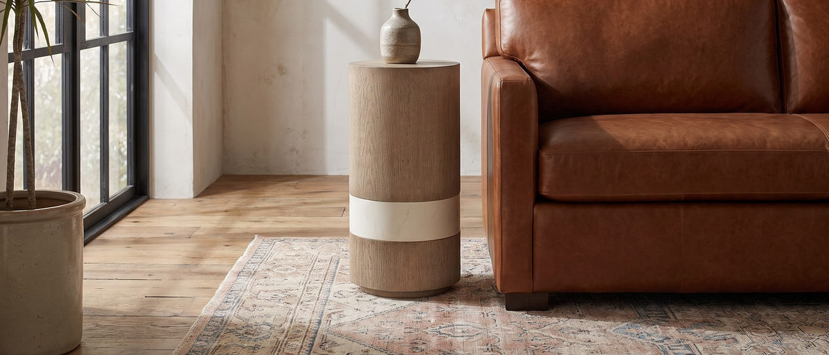 Tuglie Cerused Toffee Drum Side Table in the room