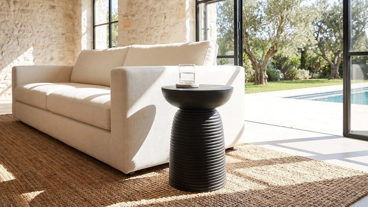 Black, carved, compact. - Tursi Black Mango Ribbed Pedestal Side Table