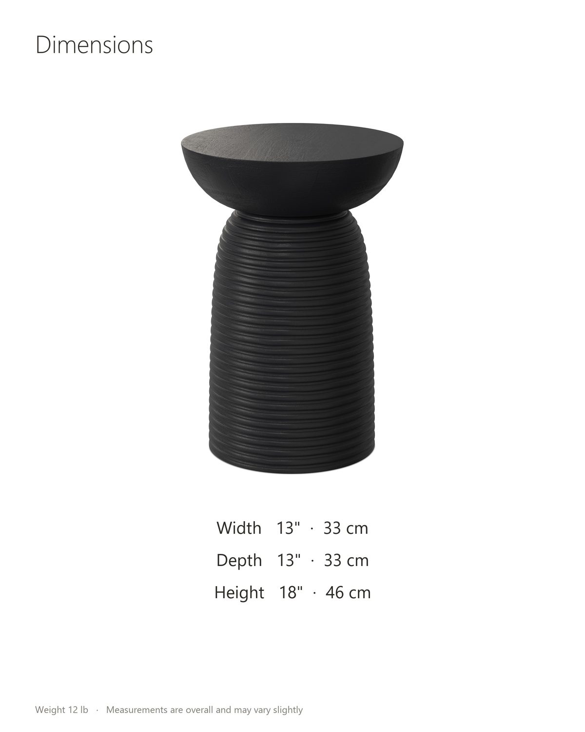 Tursi Black Mango Ribbed Pedestal Side Table dimensions: 13 in wide, 13 in deep, 18 in high