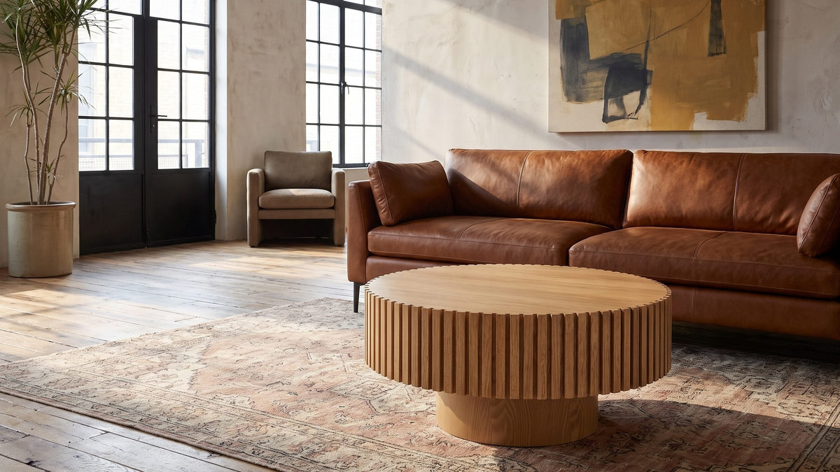 Light wood, textured all round. - Udine Natural Wood Veneer Fluted Pedestal Coffee Table