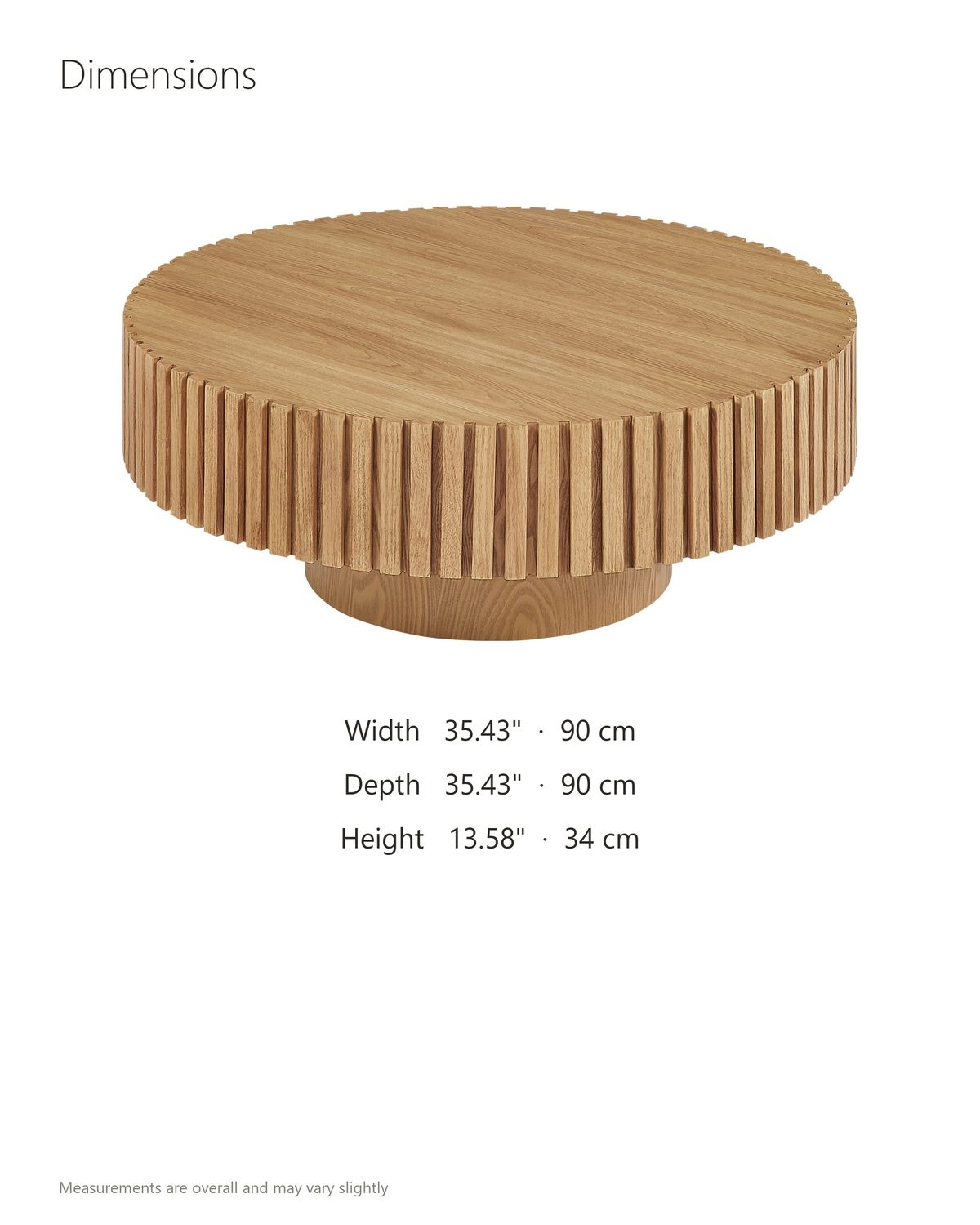 Udine Natural Wood Veneer Fluted Pedestal Coffee Table dimensions: 35.43 in wide, 35.43 in deep, 13.58 in high