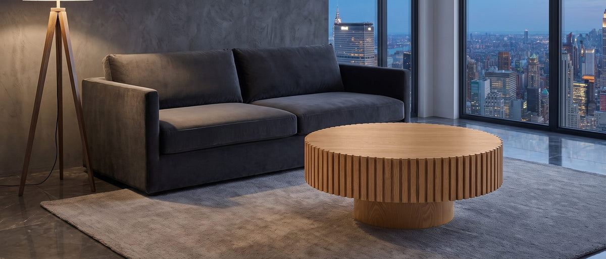 Udine Natural Wood Veneer Fluted Pedestal Coffee Table in the room